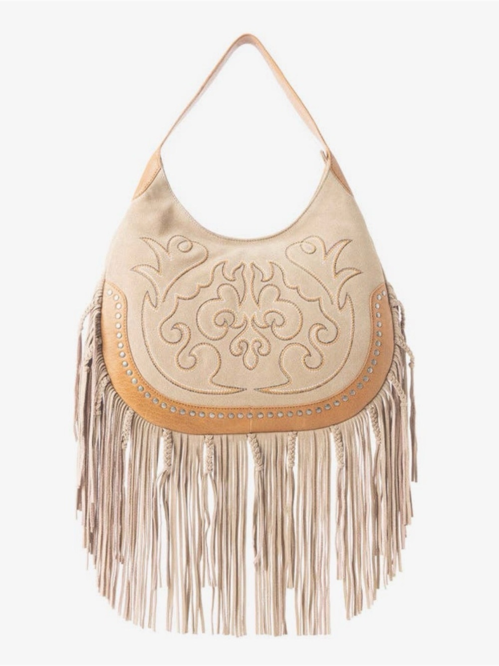 Myra Bag Tan Fringed Suede Tooled Shoulder Bag